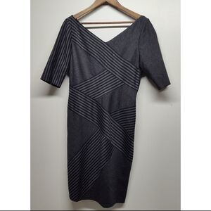 Maggy London Midi Dress Women Size 14 Black Gray Stripes Stretch Short Sleeve